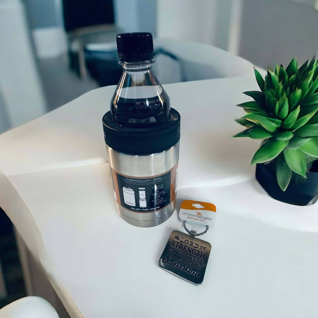 Water Bottle Stainless Drink Sleeve with Inspirational Keychain.