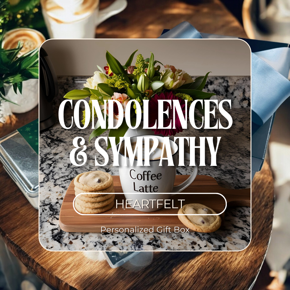 Personalized gift box for condolences and sympathy with coffee, cookies, and flowers on a table.