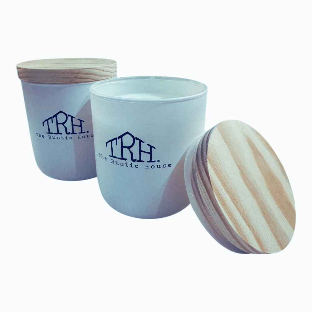 Two ceramic pots with wooden lids on a white background, featuring 'TRH The Rustic House' branding.