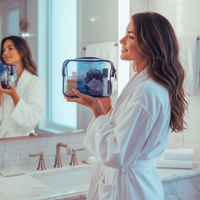 Thumbnail for Lady holding travel toiletry bag in hotel.