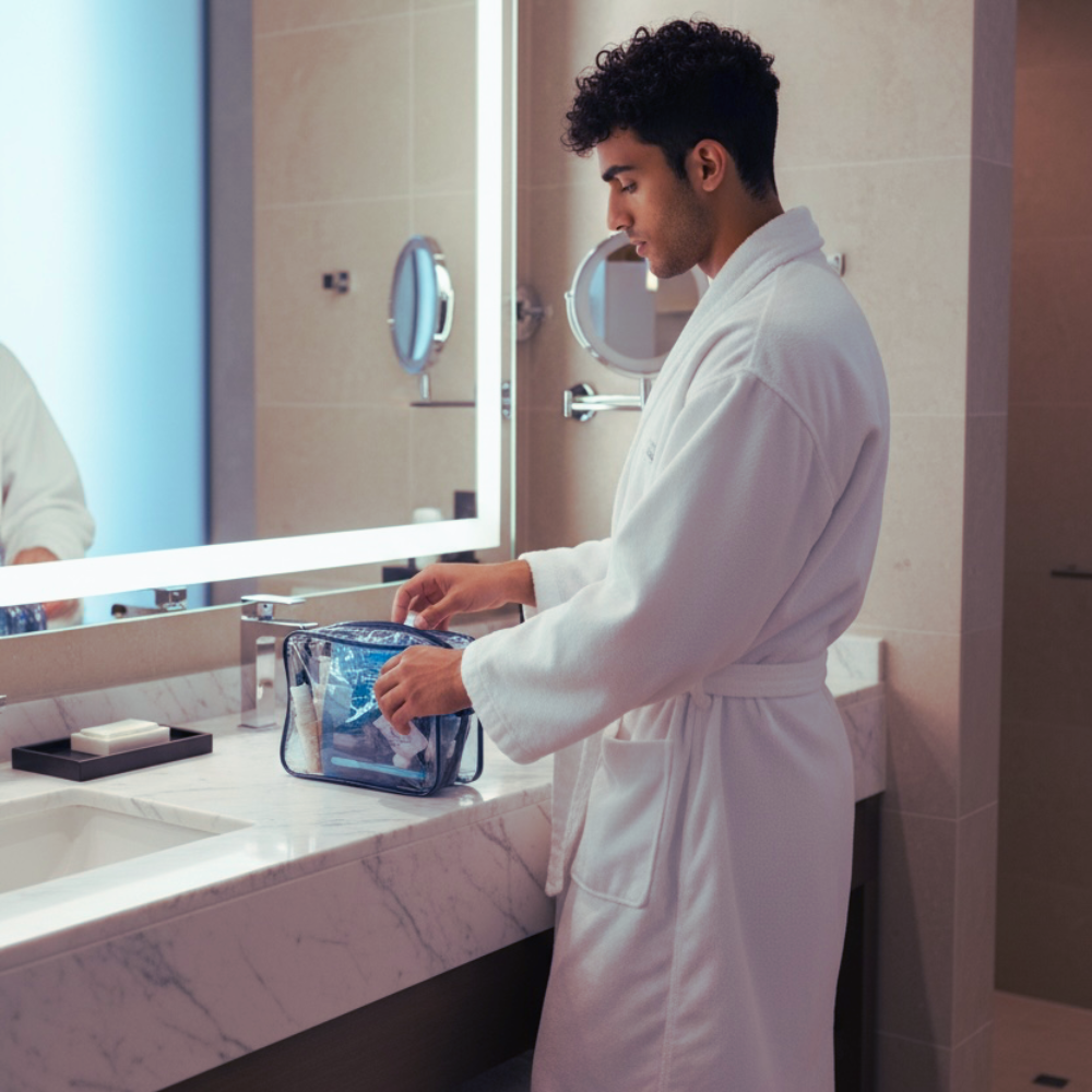 Man in hotel bathroom with travel toiletry bag.