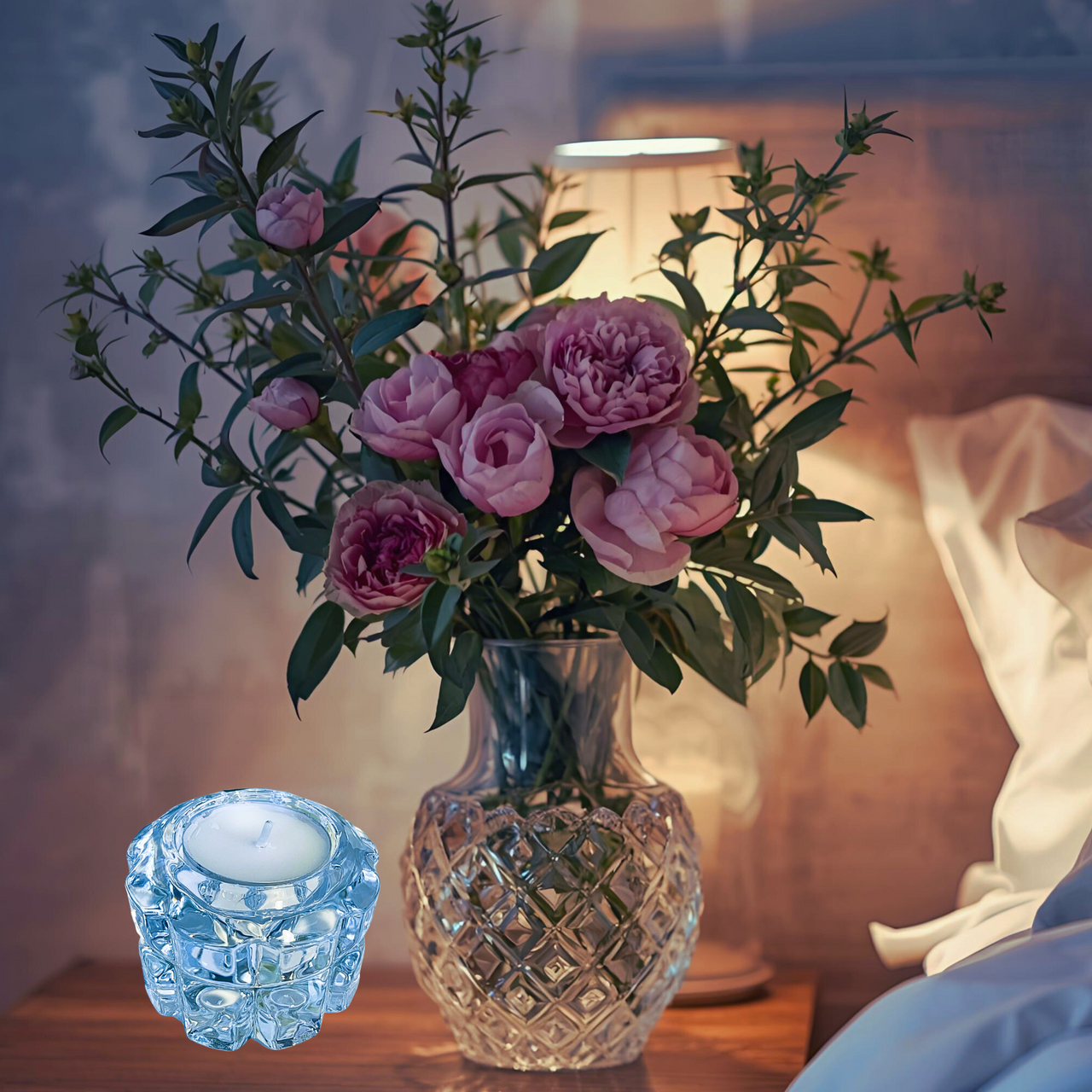 Decorative crystal candle holder with a vase of pink flowers on a blurred background