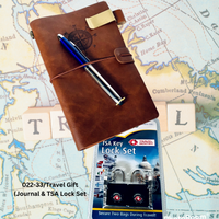 Thumbnail for Brown travel journal with pens on a map, featuring a TSA lock set packaging.