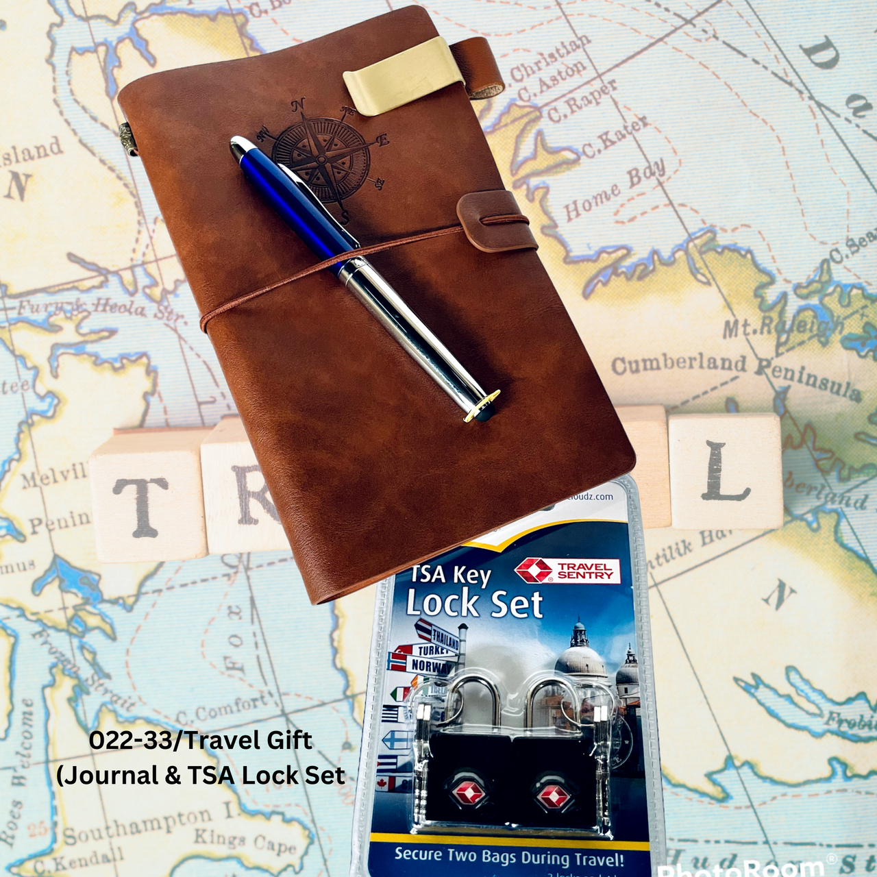 Brown travel journal with pens on a map, featuring a TSA lock set packaging.
