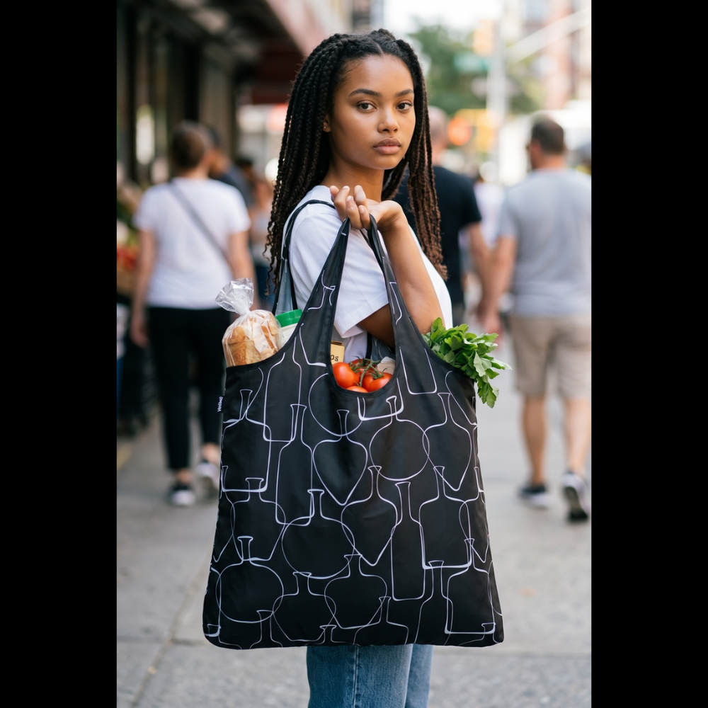 Woman holding a black tote bag with white patterns on a city street.