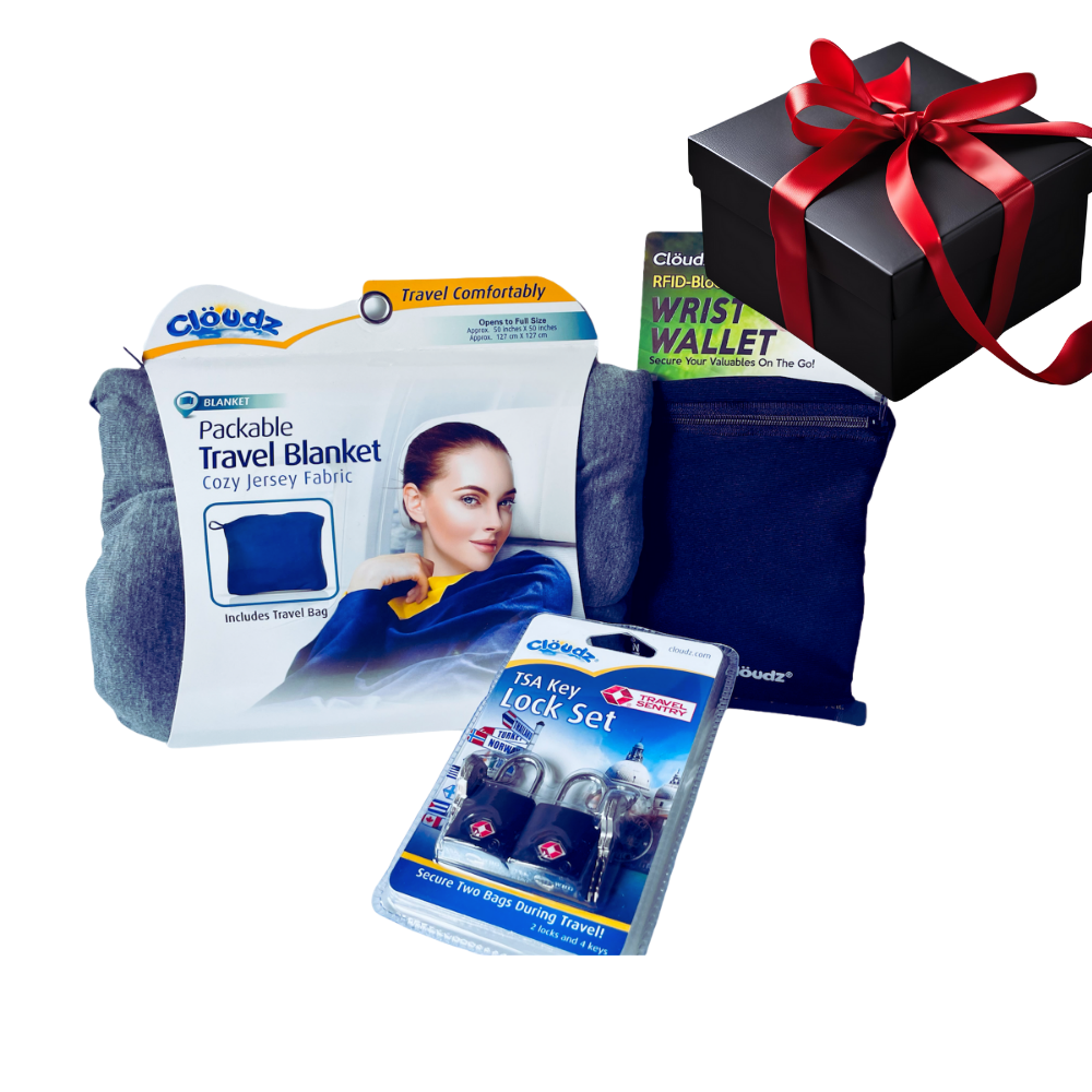 Packaged travel items including a travel blanket, wrist wallet, and TSA lock set on a white background.