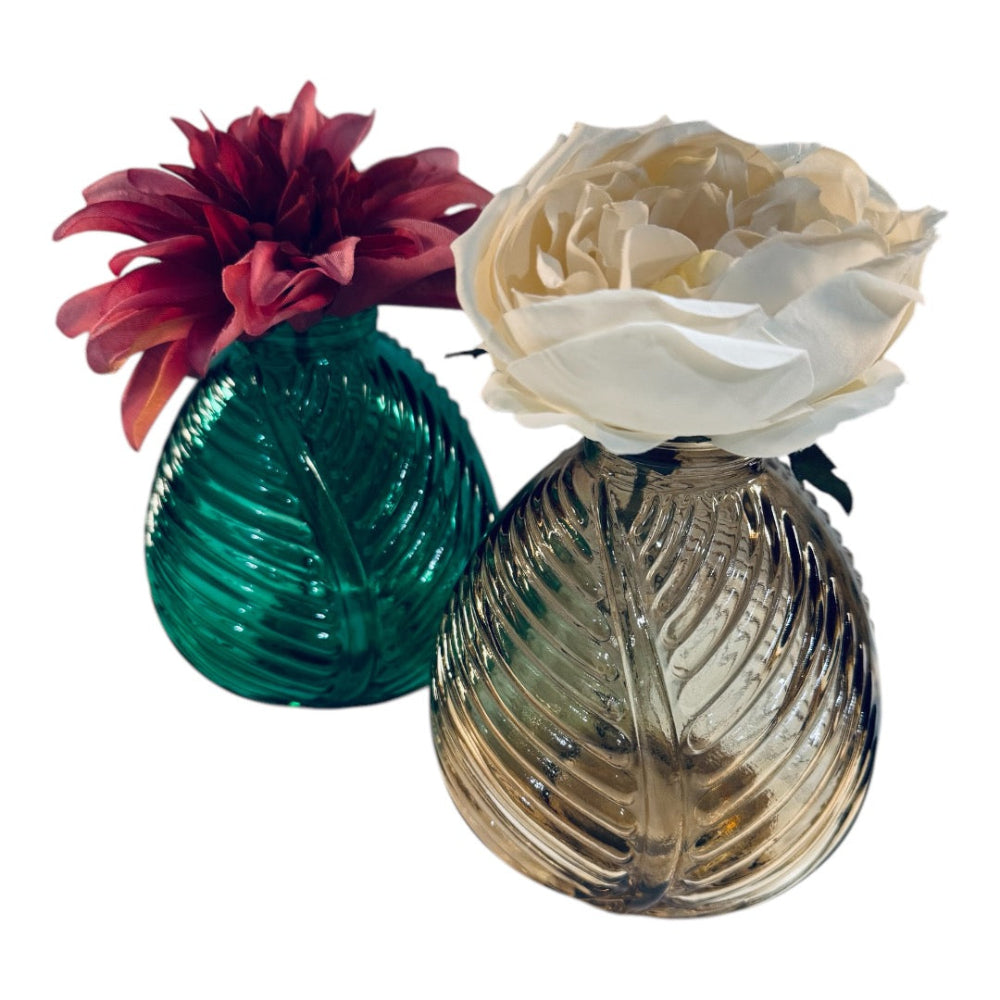 Two decorative vases with flowers on a white background