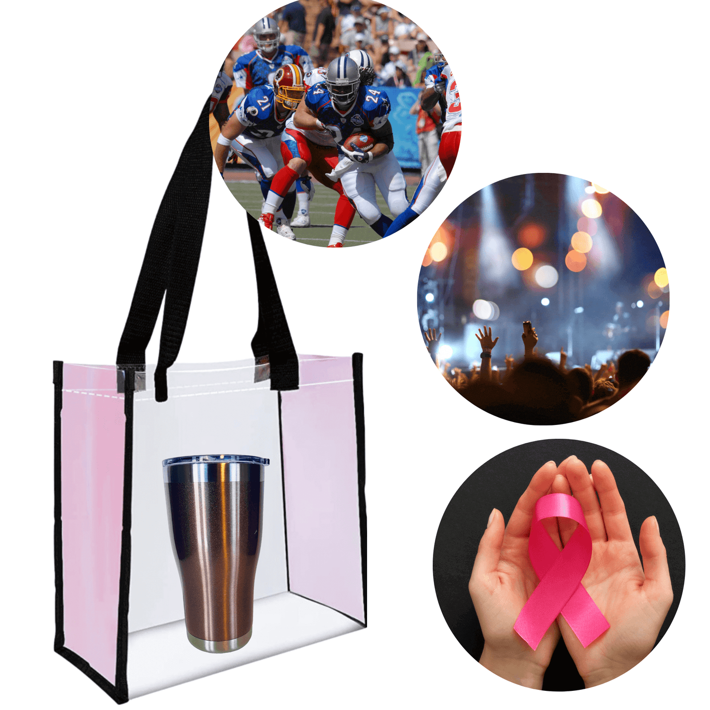 Clear tote bag with steel travel tumbler, showcasing versatile everyday essentials.