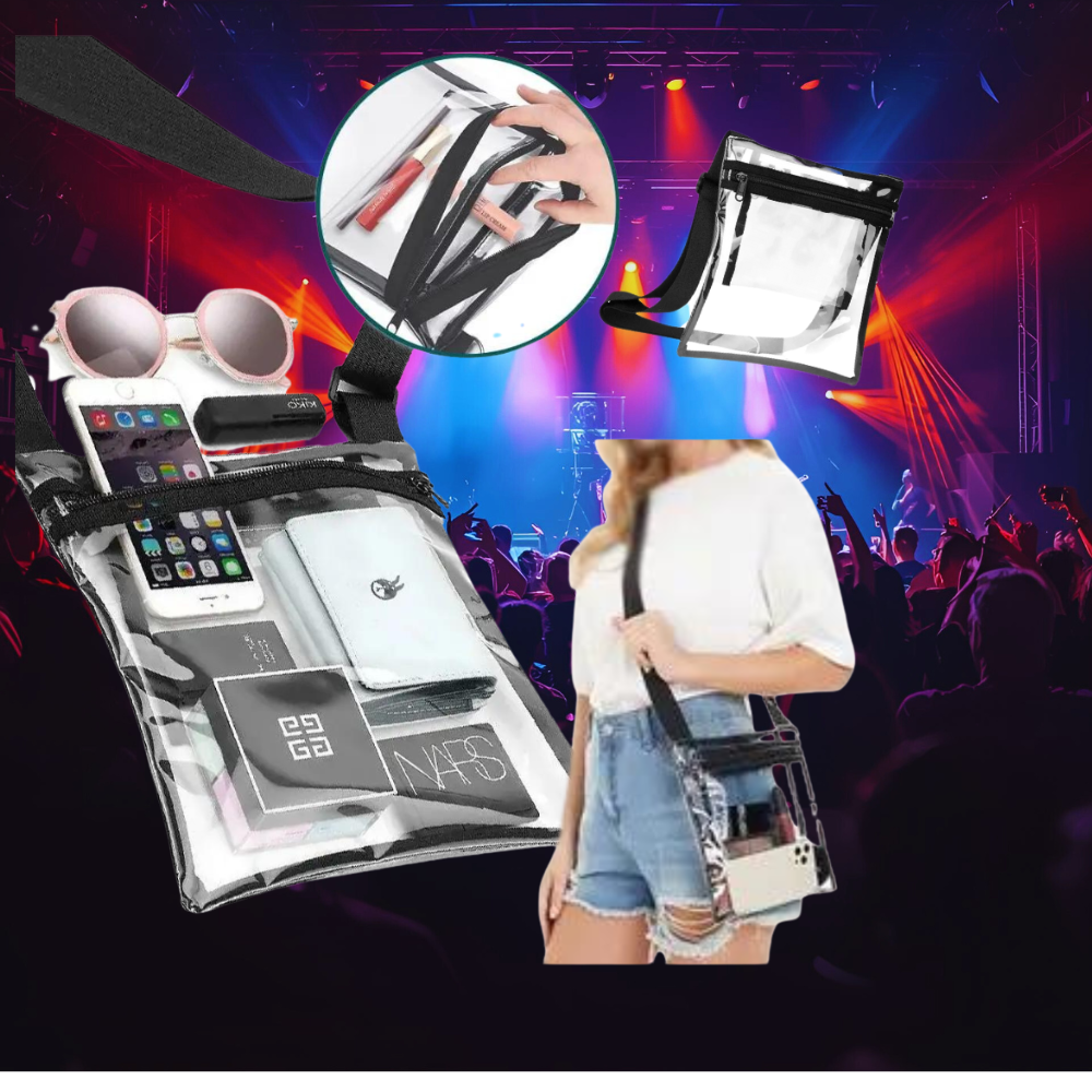 Clear plastic bags with phone holders, sunglasses, and a person holding a similar bag at a concert.