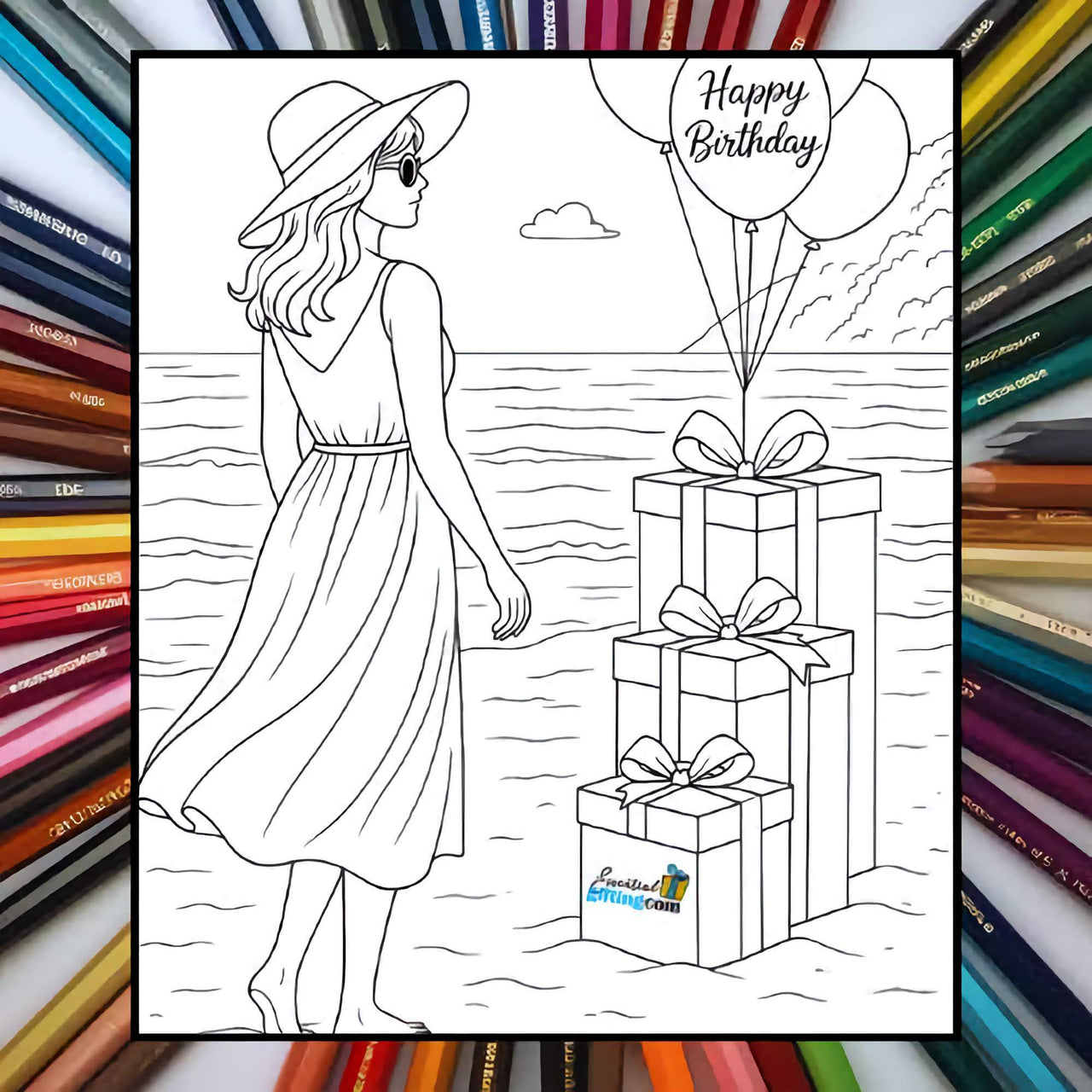 Beach Birthday Coloring Page Digital Download w/Free Gift.
