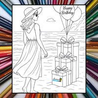 Thumbnail for Beach Birthday Coloring Page Digital Download w/Free Gift.