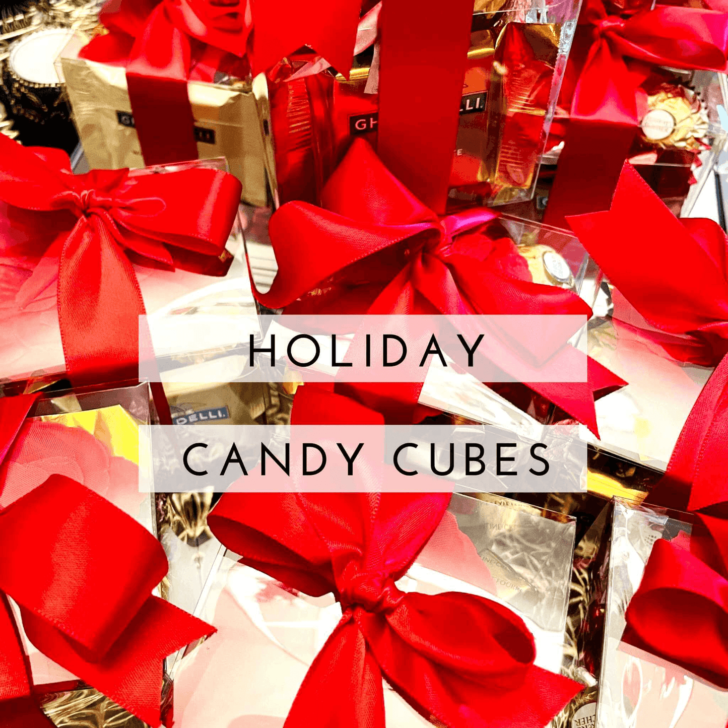 Festive red gift boxes with holiday candy cubes