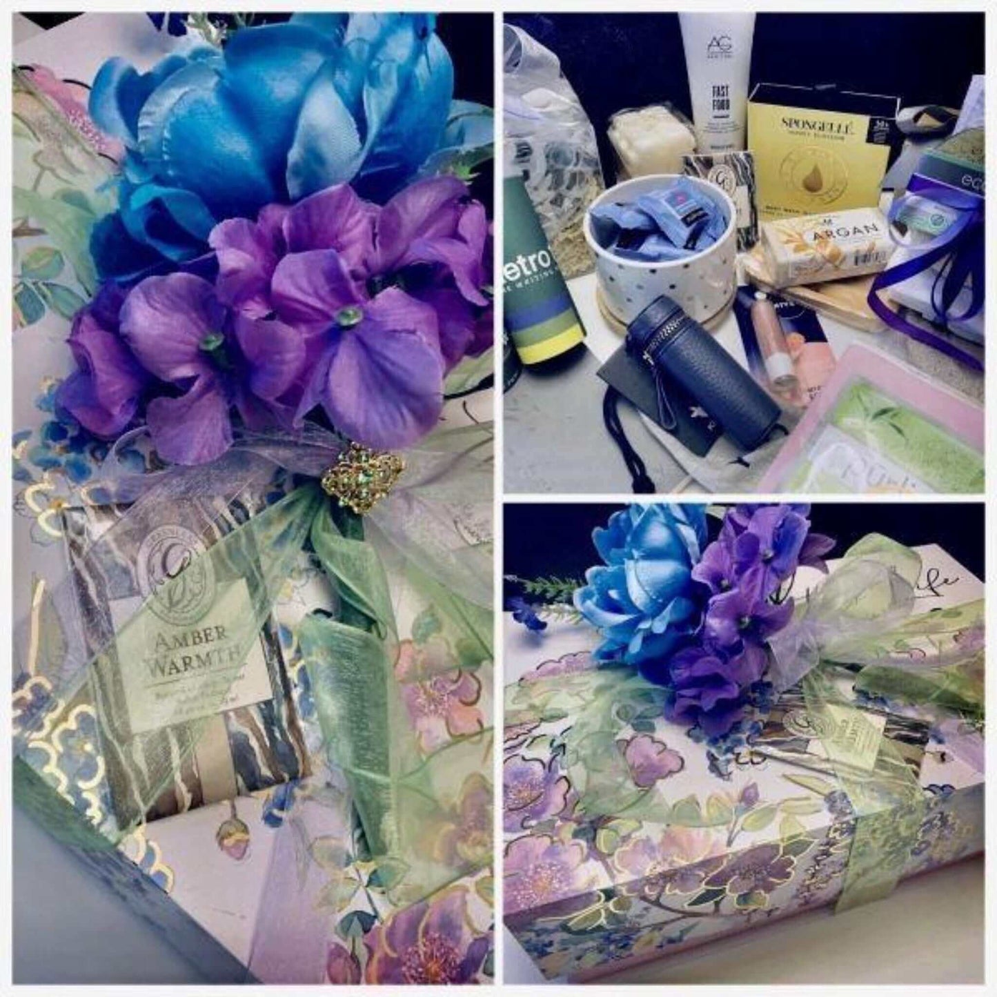 Personalized gift box featuring blue and purple floral accents, wrapped toiletries, and thoughtful personal items.