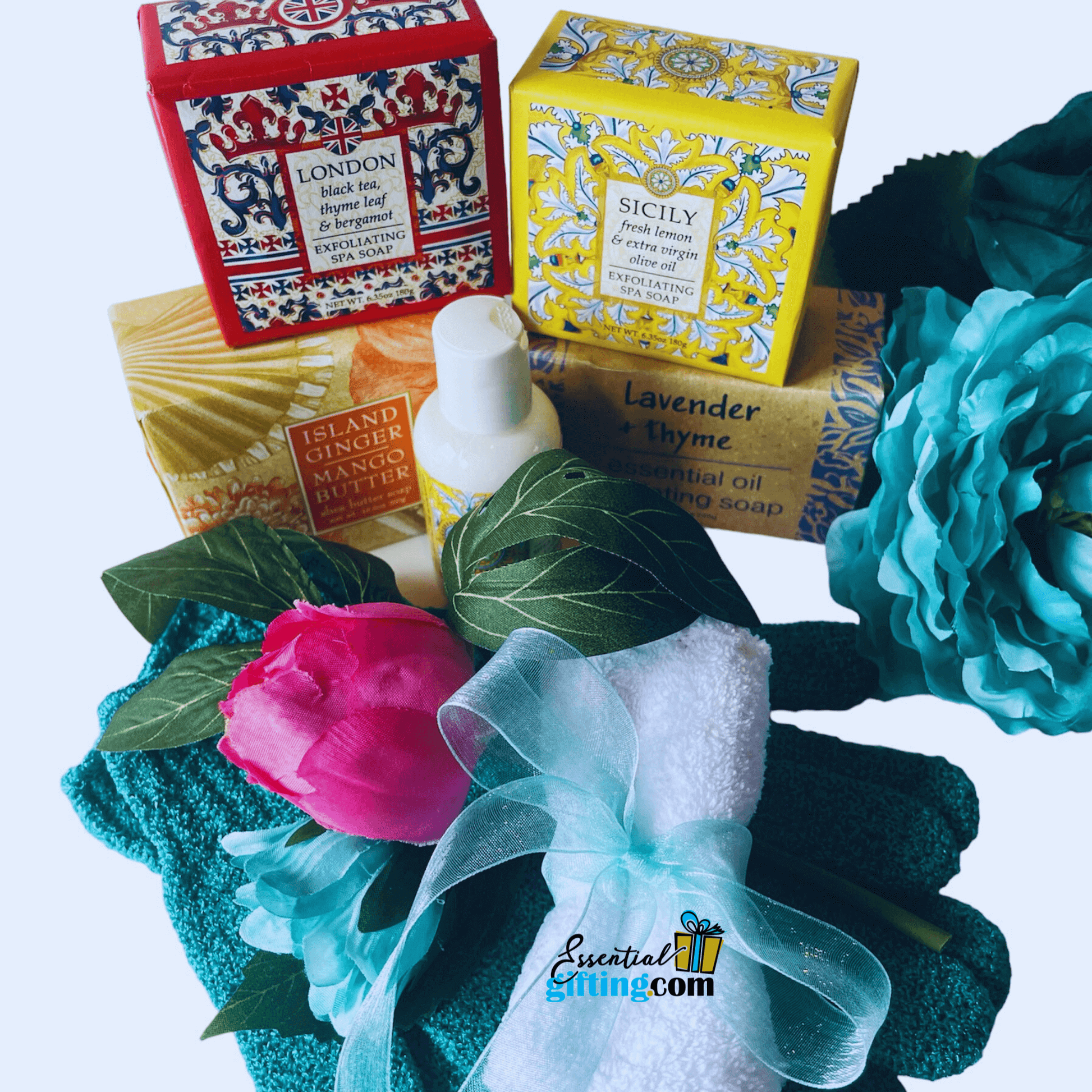 Soothing bath essentials bundle with floral accents, featuring scented soap bars, bath salts, and decorative elements.