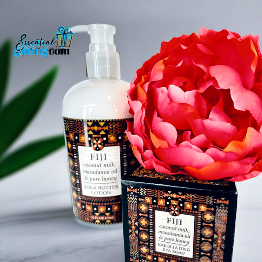 Luxurious Fiji coconut milk and macadamia oil body lotion with a vibrant red peony flower in the image.
