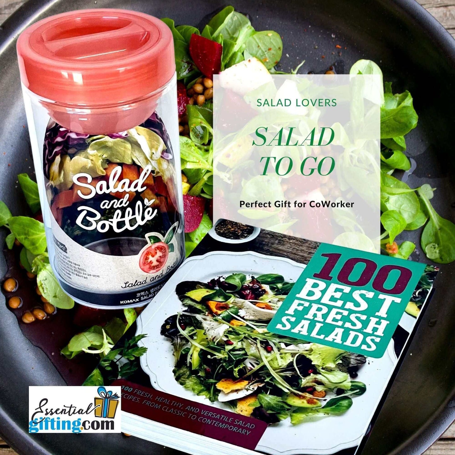 Salad lover's gift set: Reusable salad container, salad-themed accessories, and a book of 100 healthy salad recipes - the perfect gift for the salad enthusiast.