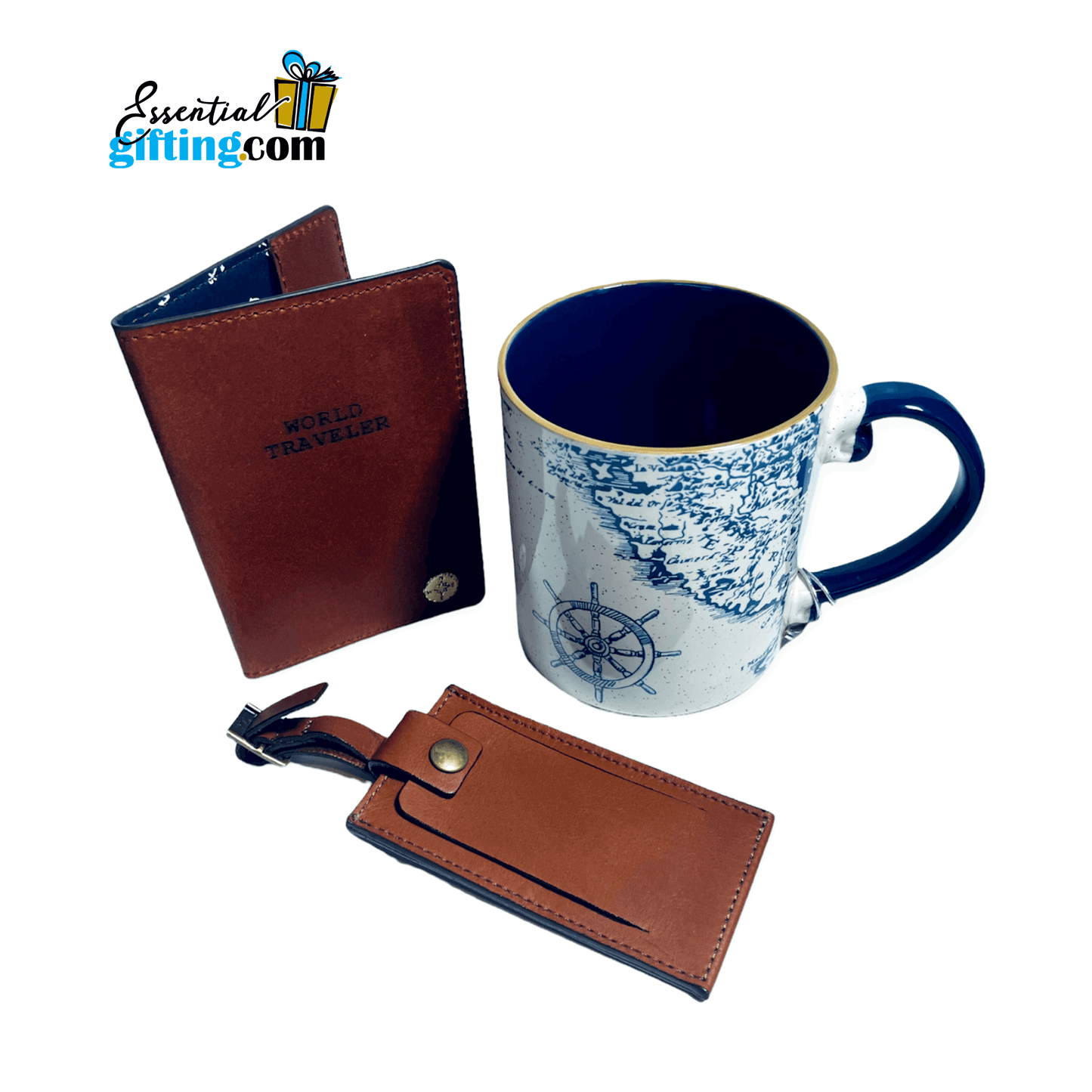 Stylish men's accessories: Nautical-themed coffee mug, leather passport holder, and luggage tag. A versatile gift set for the modern traveler.