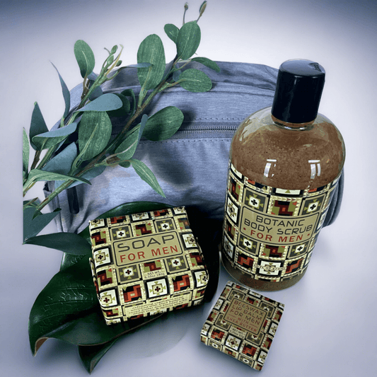 Luxurious men's travel set with exfoliating soap, botanical toiletries, and stylish grooming accessories.