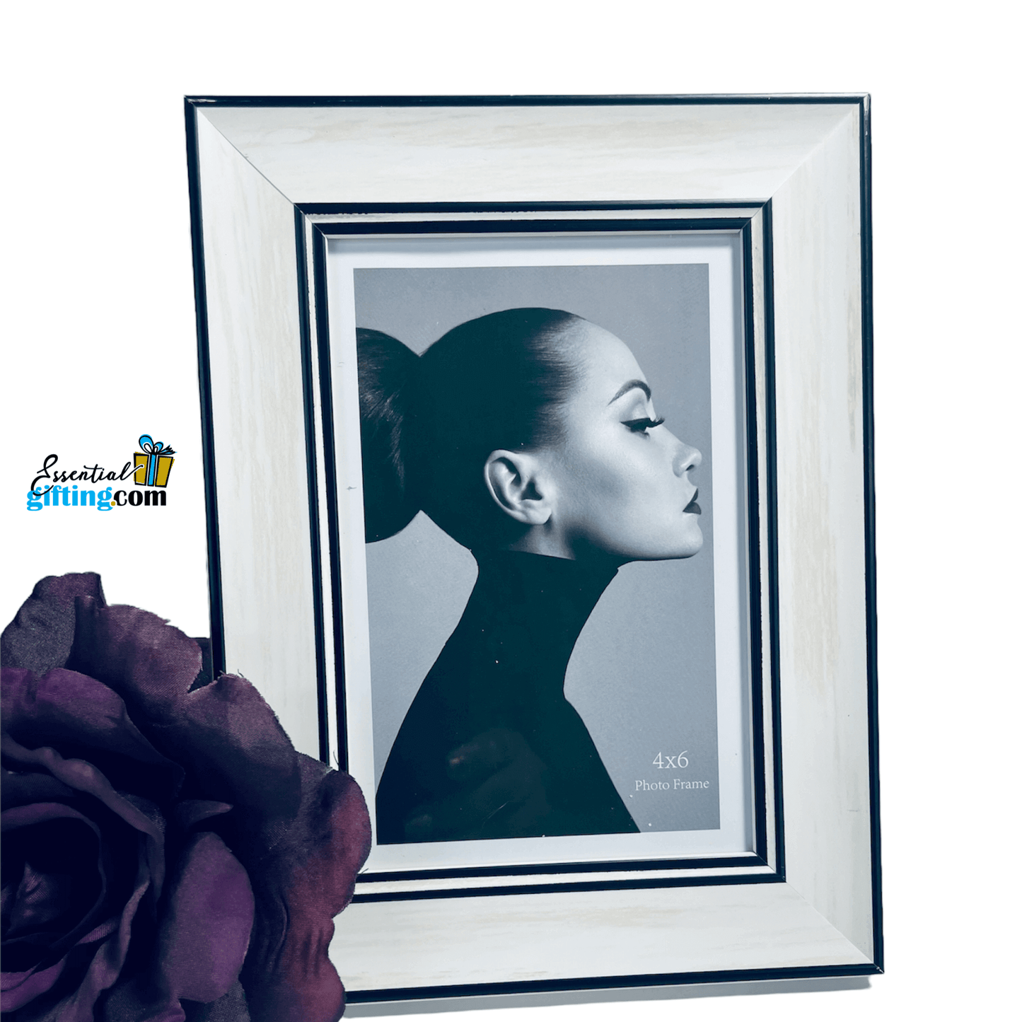 Elegant white wood photo frame (4x6) showcases a striking black and white profile portrait against a dark background, complemented by a lush purple flower.