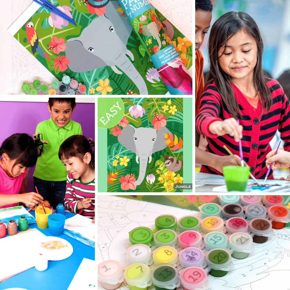 Colorful elephant-themed art and craft kits for kids, featuring vibrant paints, stencils, and a jungle-inspired design.