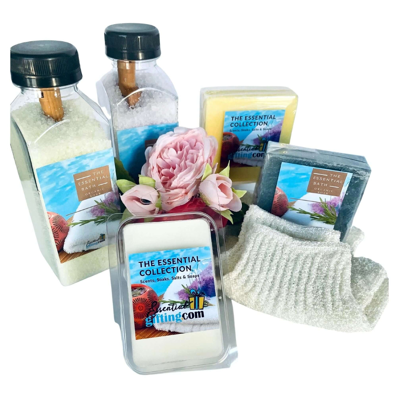 Relaxing bath essentials gift set: artisanal bath salts, luxurious soaps, soft towels, and soothing floral accents for pampering self-care experience.