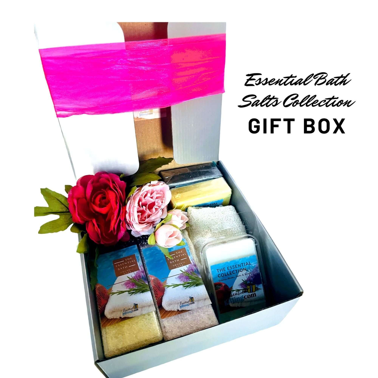 Essential Bath Salts Collection Gift Box - Artisan-crafted bath essentials including scented salts, soaps, and rose flowers in a luxurious gift set.