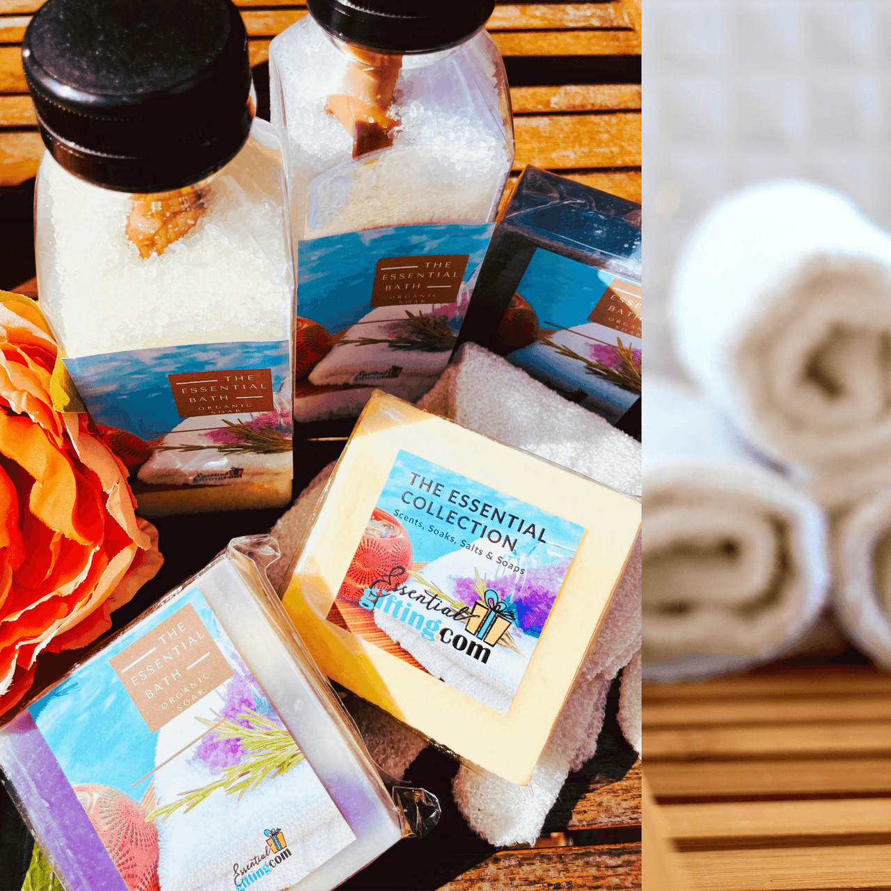 Luxurious bath essentials with natural ingredients, packaged in a rustic gift box, surrounded by plush towels and a vibrant flower, creating a relaxing spa-like atmosphere.
