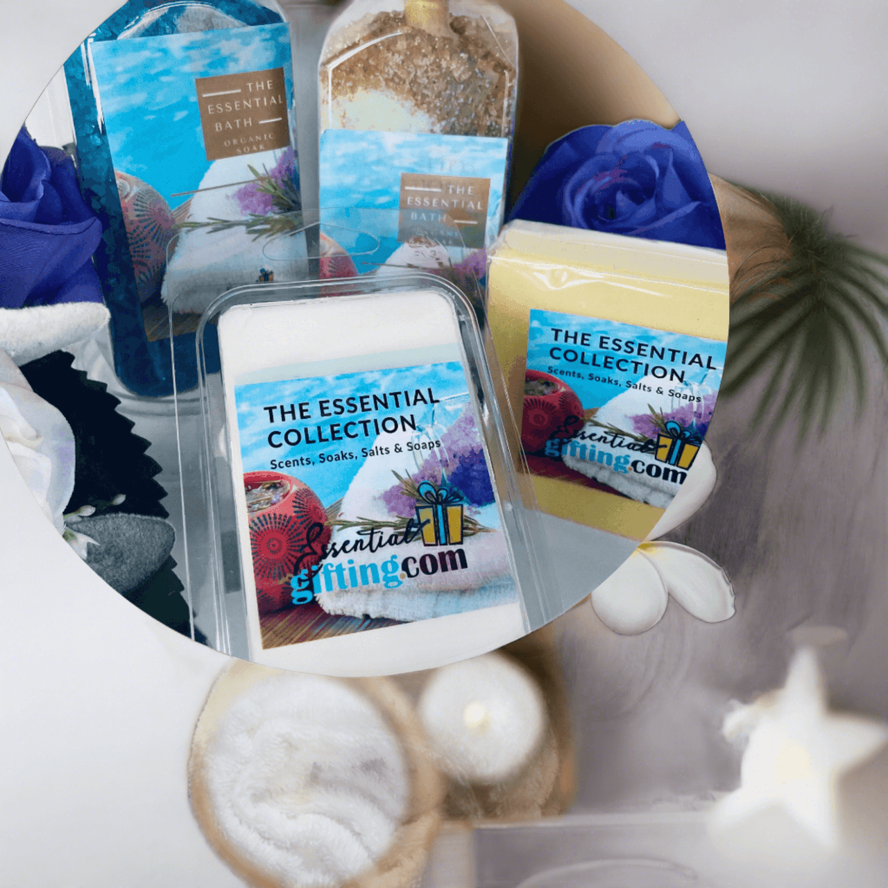 Luxurious bath care gift box with artisanal bath salts, sponges, and relaxing accessories - the ultimate pampering experience.