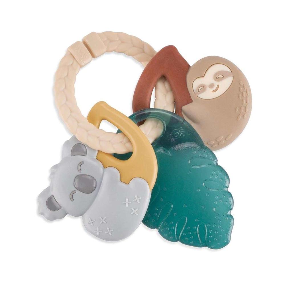 Colorful baby teether set featuring a sloth, wooden rings, and textured silicone elements, providing a variety of textures and shapes for an engaging sensory experience.