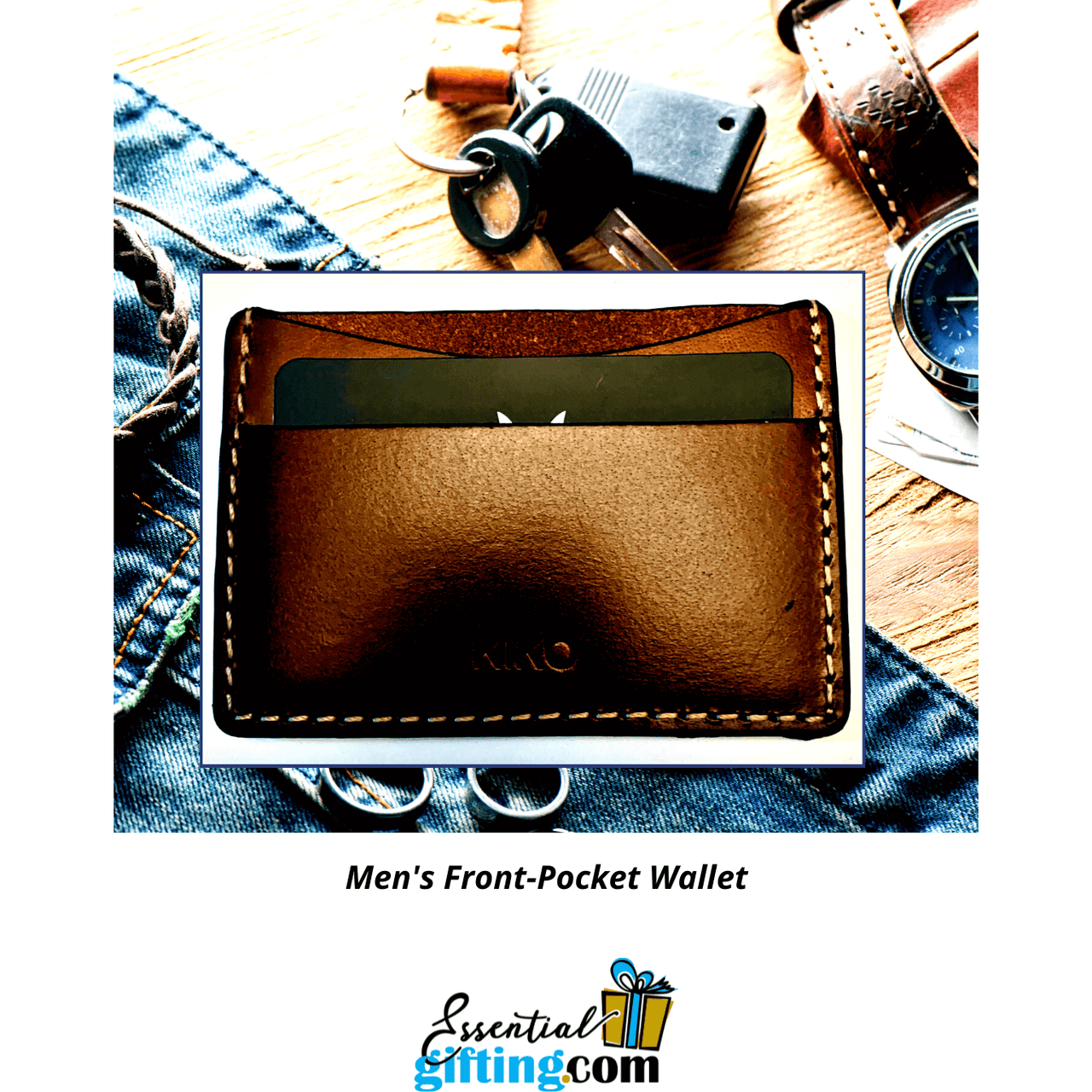 Stylish front-pocket wallet in dark leather, designed for men's organized essentials.