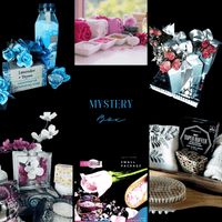 Thumbnail for Assortment of self-care items: lavender body spray, rose-scented candle, decorative flowers, bath salts, and a mystery box filled with pampering treats.