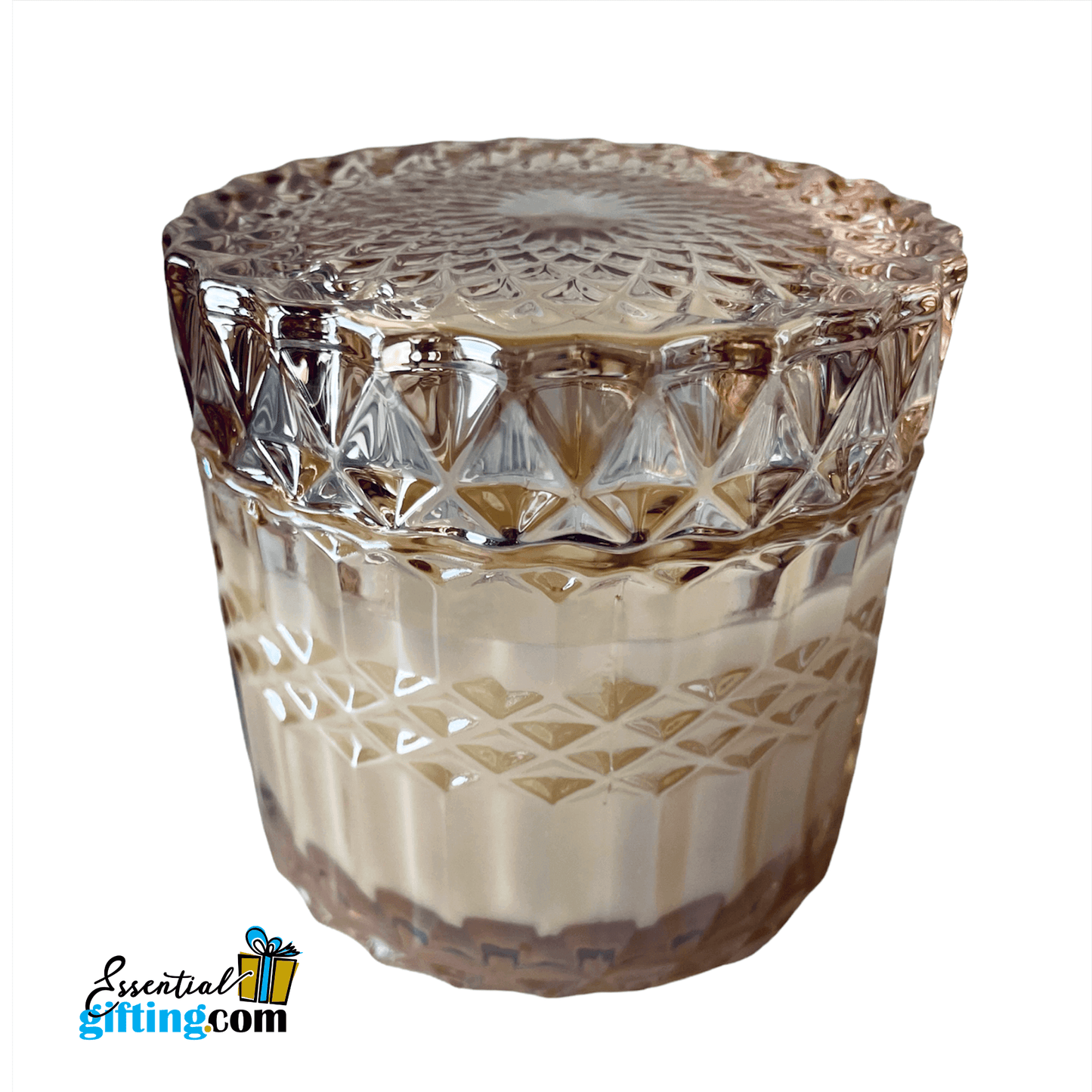 Alluring amber petite shimmer candle with intricate glass design.