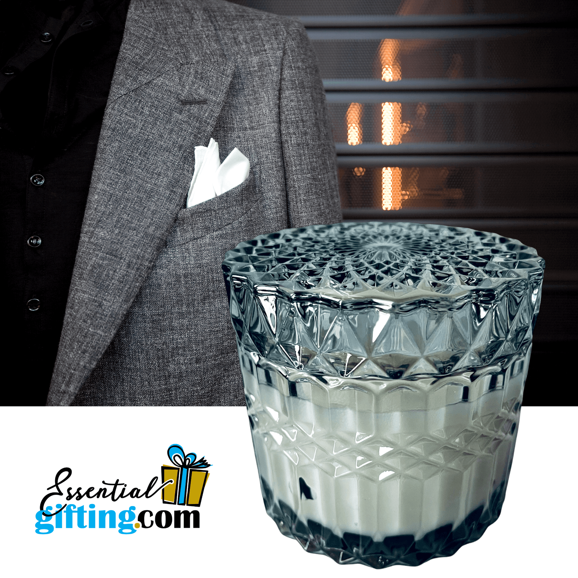 Elegant glass candle on a suit jacket with a logo for "Essentialgifting.com"