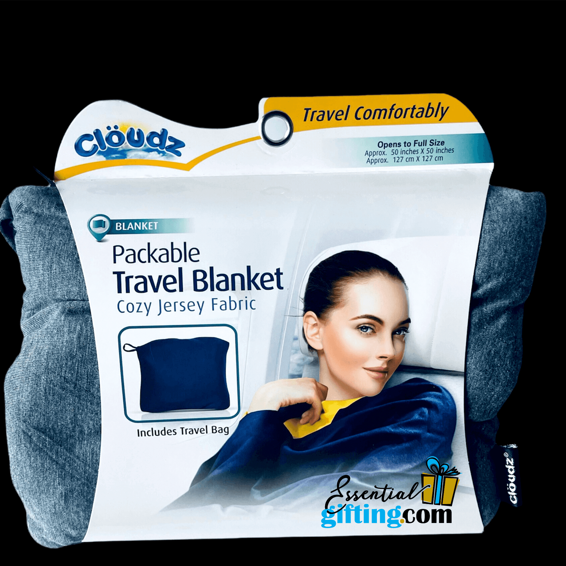 Cozy travel blanket in navy blue, packable for comfortable journeys.