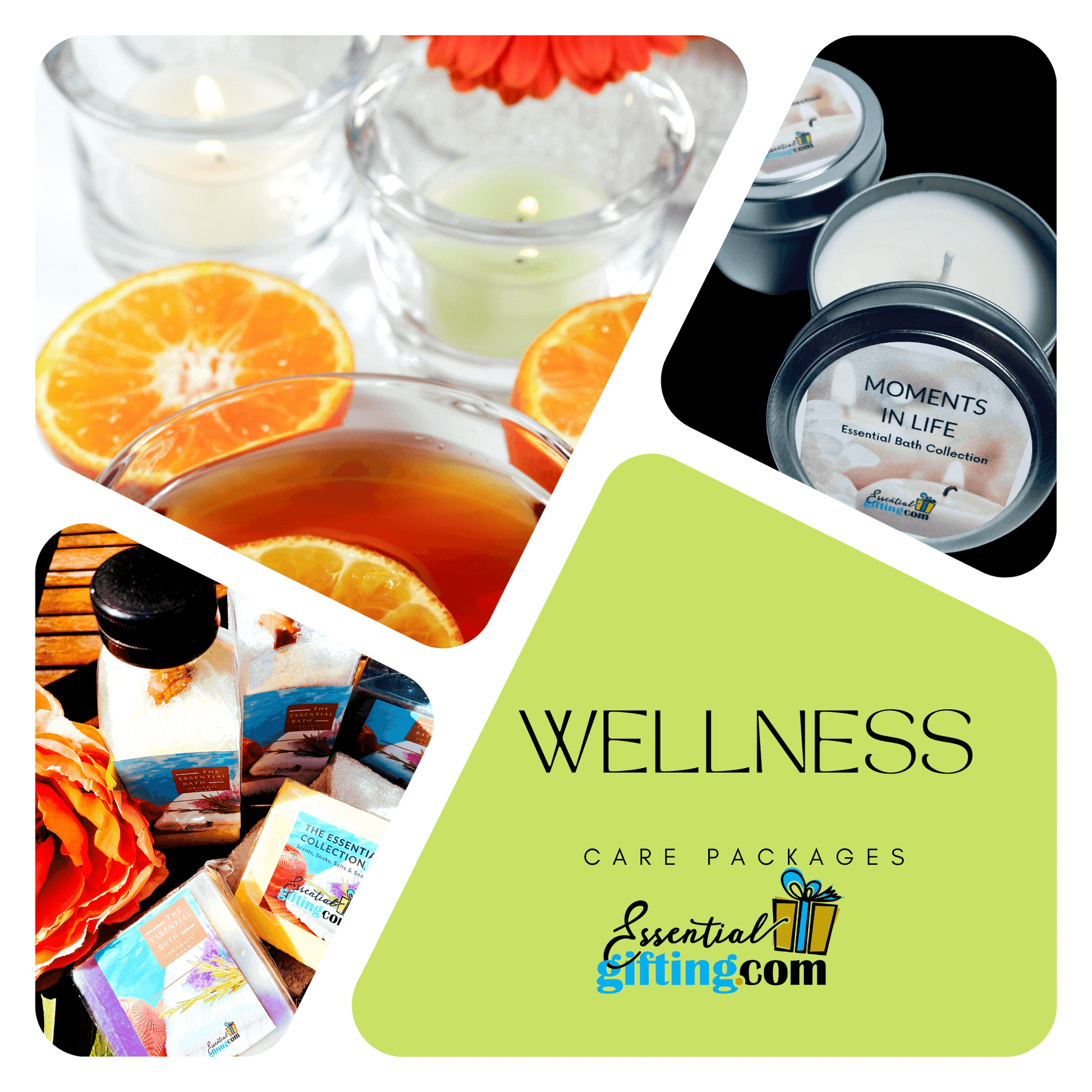 Personalized wellness care package with self-care products, fresh citrus, and relaxing accessories.