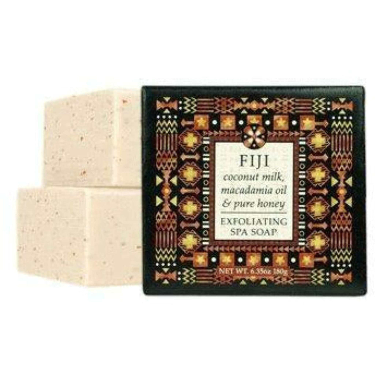Exfoliating spa soap bars with Fiji coconut milk, macadamia oil, and pure honey displayed on a decorative patterned packaging
