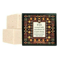 Thumbnail for Exfoliating spa soap bars with Fiji coconut milk, macadamia oil, and pure honey displayed on a decorative patterned packaging