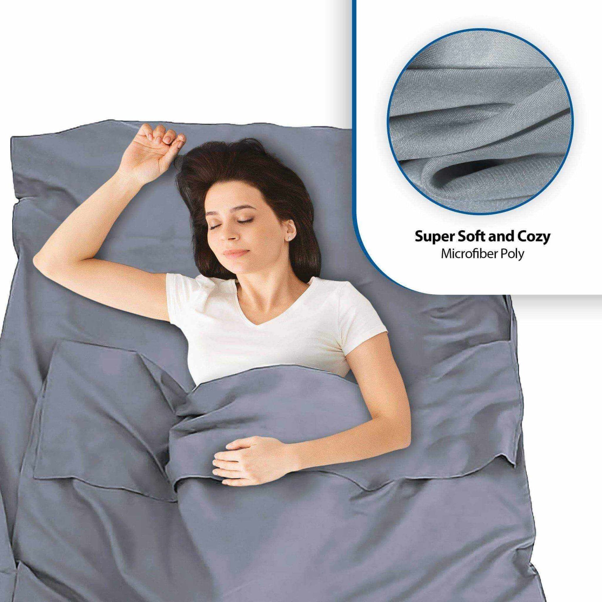 Compact travel sleep sack in soft, cozy microfiber poly for restful slumber on the go.