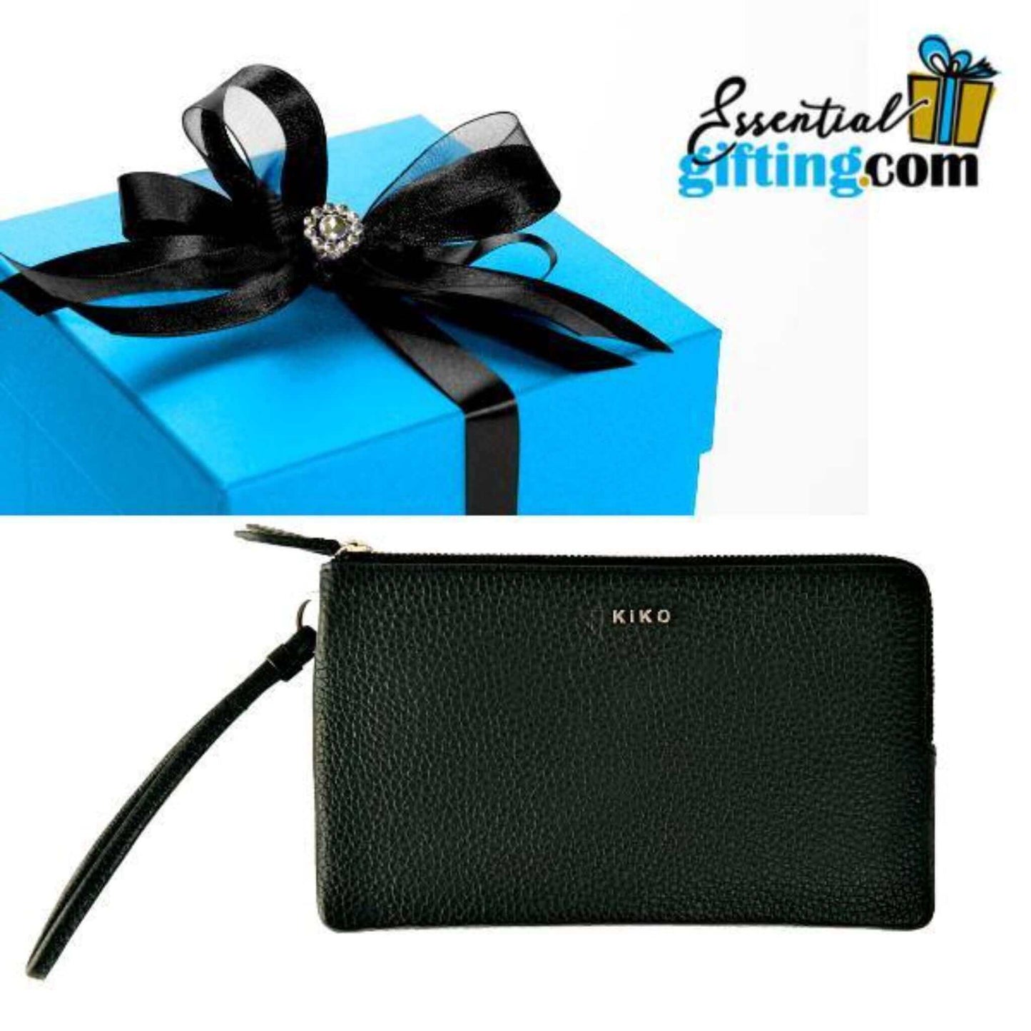 Sleek black wristlet wallet with double zipper, resting atop a teal gift box with a decorative bow.